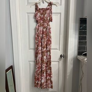 Japna Floral Smocked Waist Sleeveless Maxi Dress - Pink & Brown Size Small